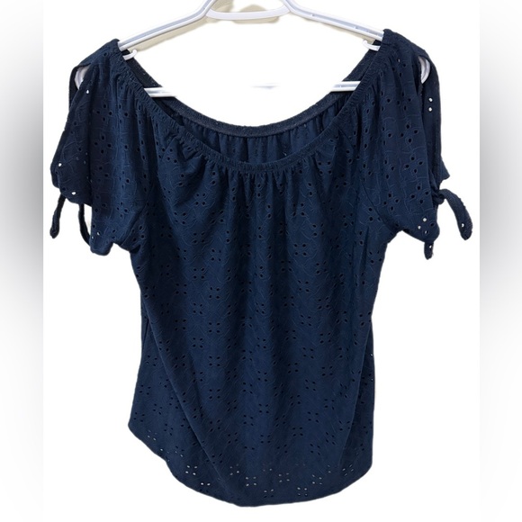 Eclipse Navy Eyelet Off-Shoulder Blouse - Picture 1 of 3